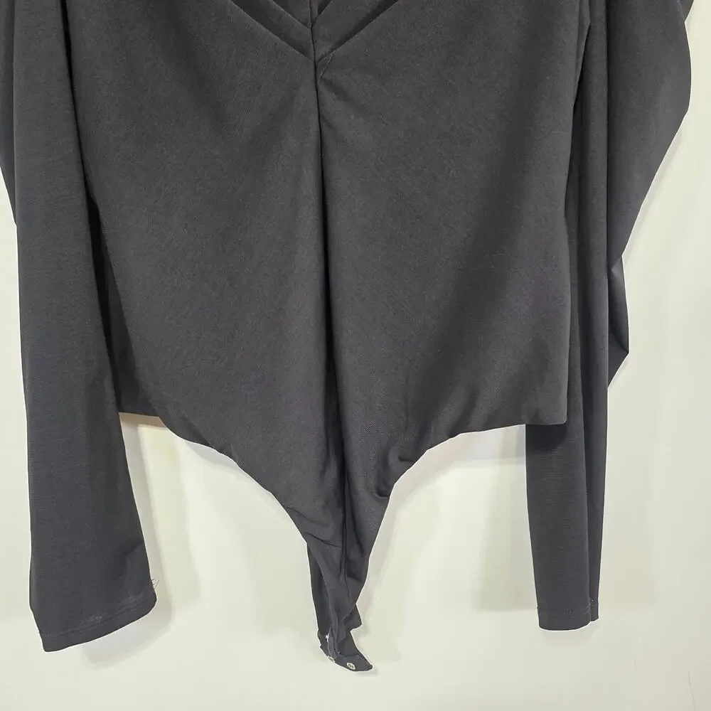 ASTR The Label Womens Black V Neck Puff Sleeve Bodysuit Size XL